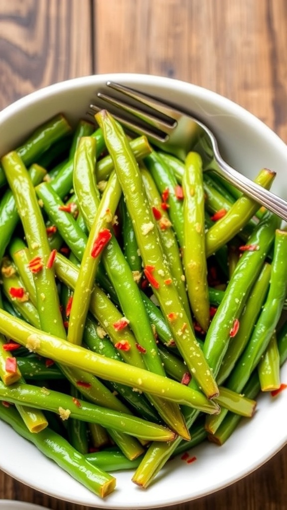 Crispy Air Fryer Green Beans Recipe Crispy air fryer green beans garnished with garlic powder and red pepper flakes in a bowl on a wooden table.